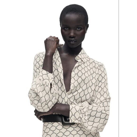 ZARA SATIN GEOMETRIC PRINT SHIRT ECRU / BLACK SIZE S |2599/722/064 - Picture 3 of 4